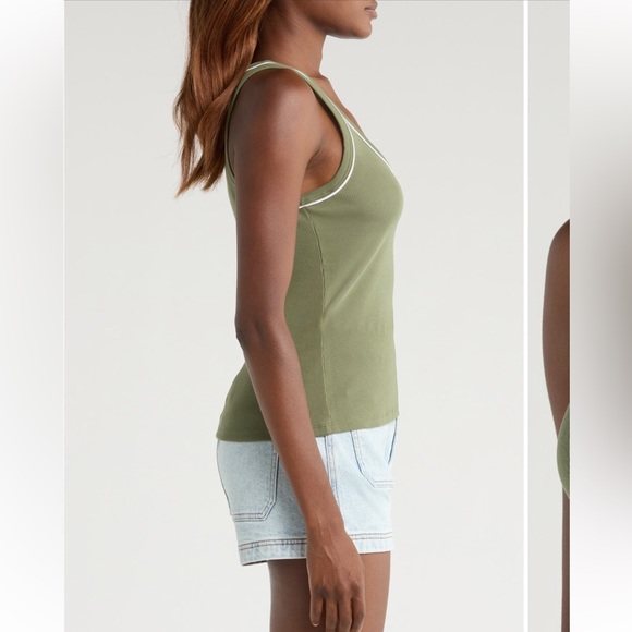 Veronica Beard Birke Scoopneck Tank Ribbed Green Stretch-Cotton Sleeveless Top - Picture 3 of 6